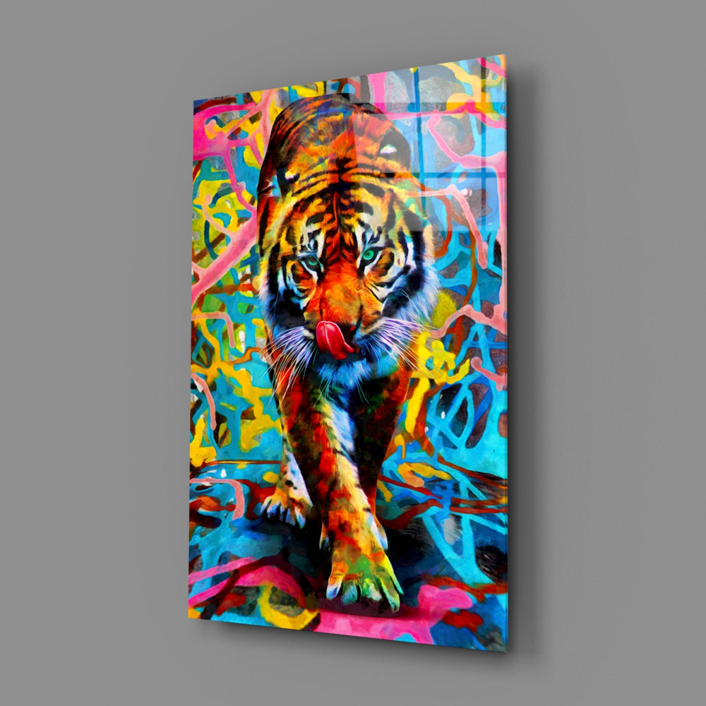 Close-up detail of cobalt-magenta strokes carving the tiger's stalking head