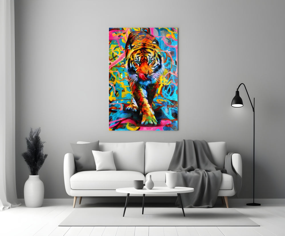Graffiti Tiger glass wall art styled above a desk in a creative office