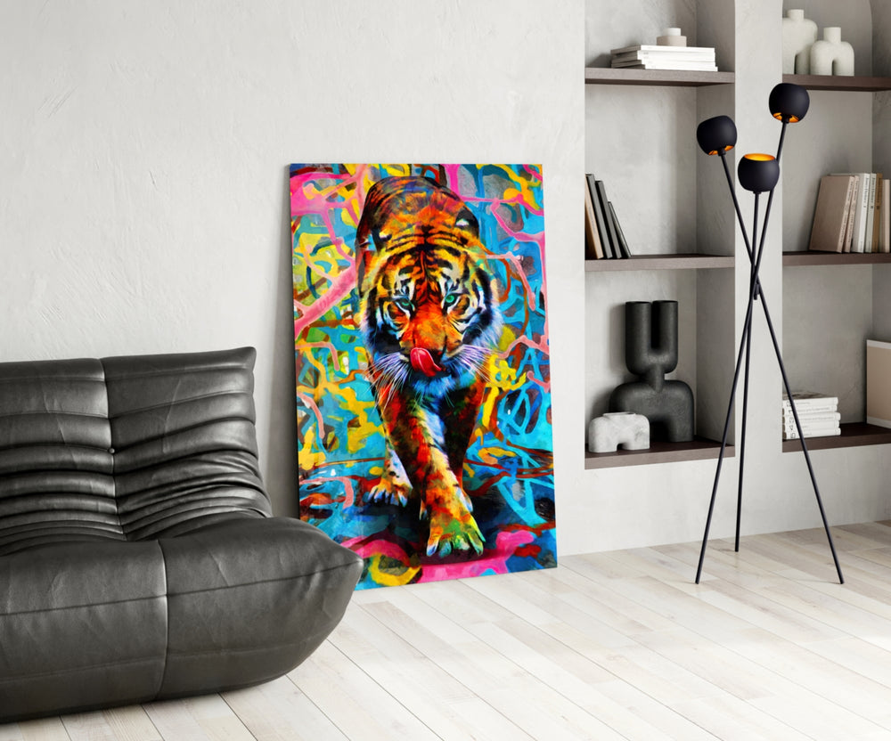 Graffiti Tiger glass print enhancing a foyer with editorial drama