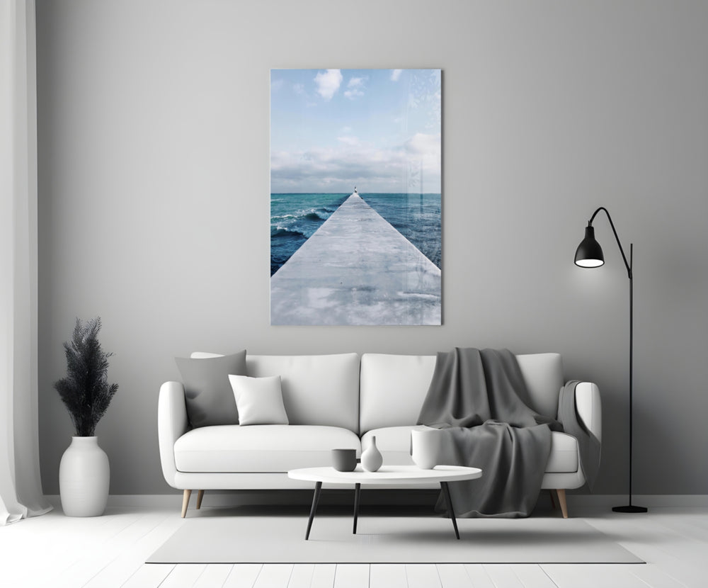 Pier Horizon glass wall art styled above a bed in a bedroom