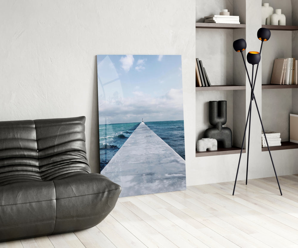 Pier Horizon glass print enhancing a guest room with editorial spirit