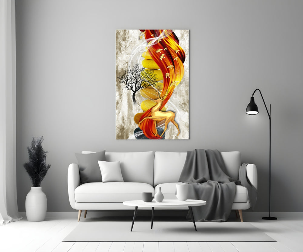 Golden Deer Flow glass wall art styled above a desk in a study