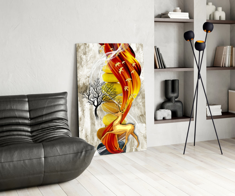 Golden Deer Flow glass print enhancing a foyer with cinematic drama