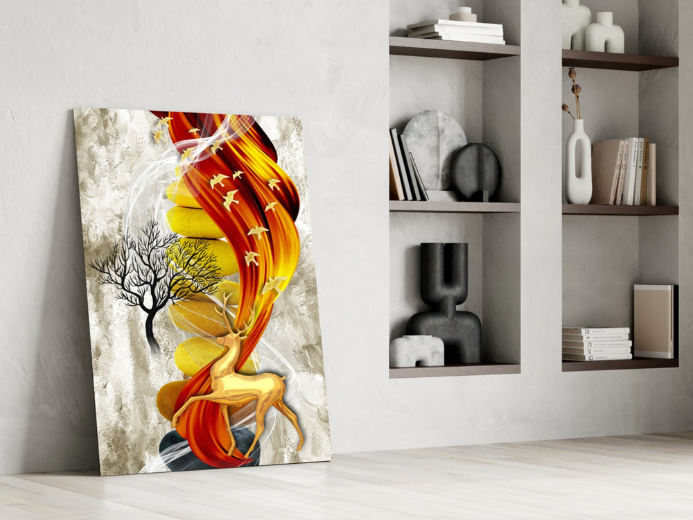 Golden Deer Flow artwork anchoring a wall with bold luxe palette