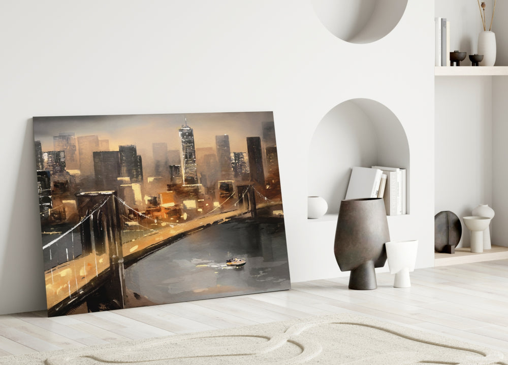 New York Bridge glass wall art styled above a desk in a man's office