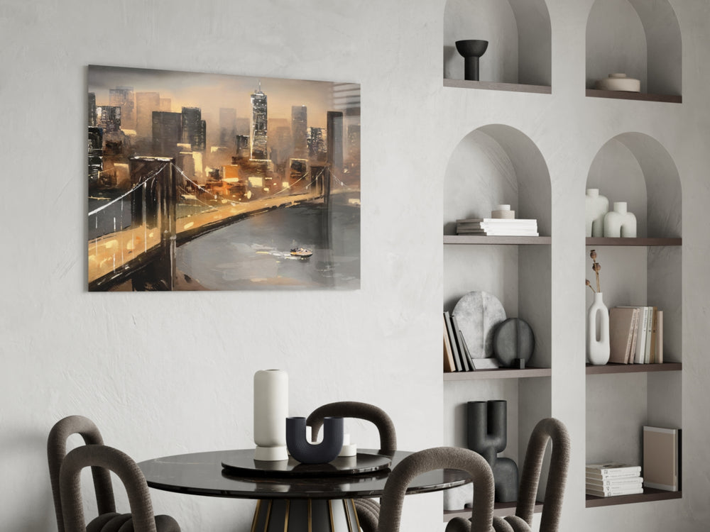 New York Bridge glass print enhancing a foyer with cinematic drama