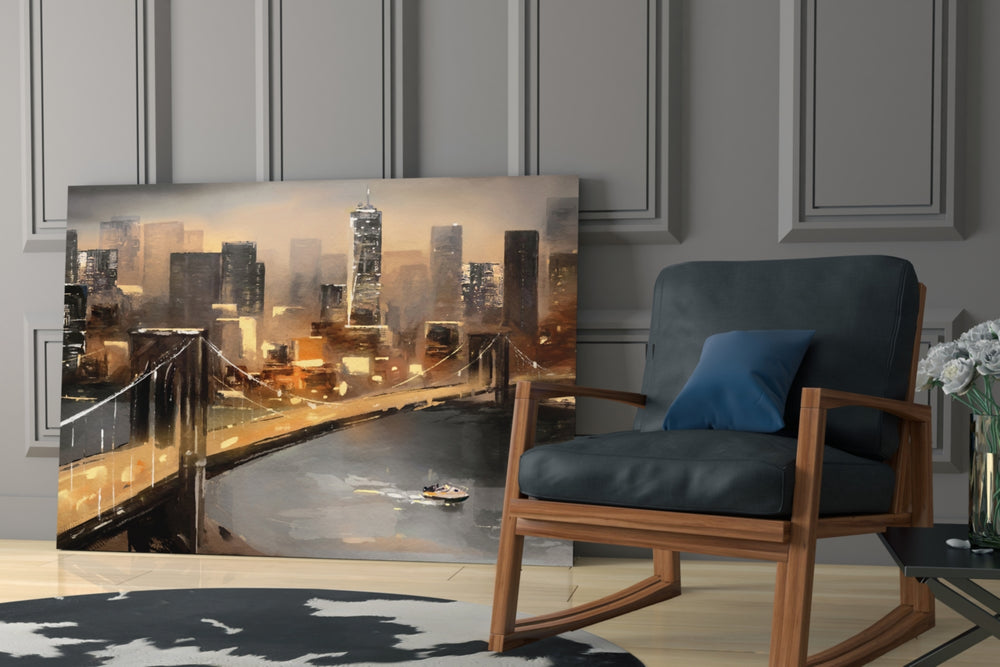 New York Bridge artwork anchoring a wall with bold urbanist palette