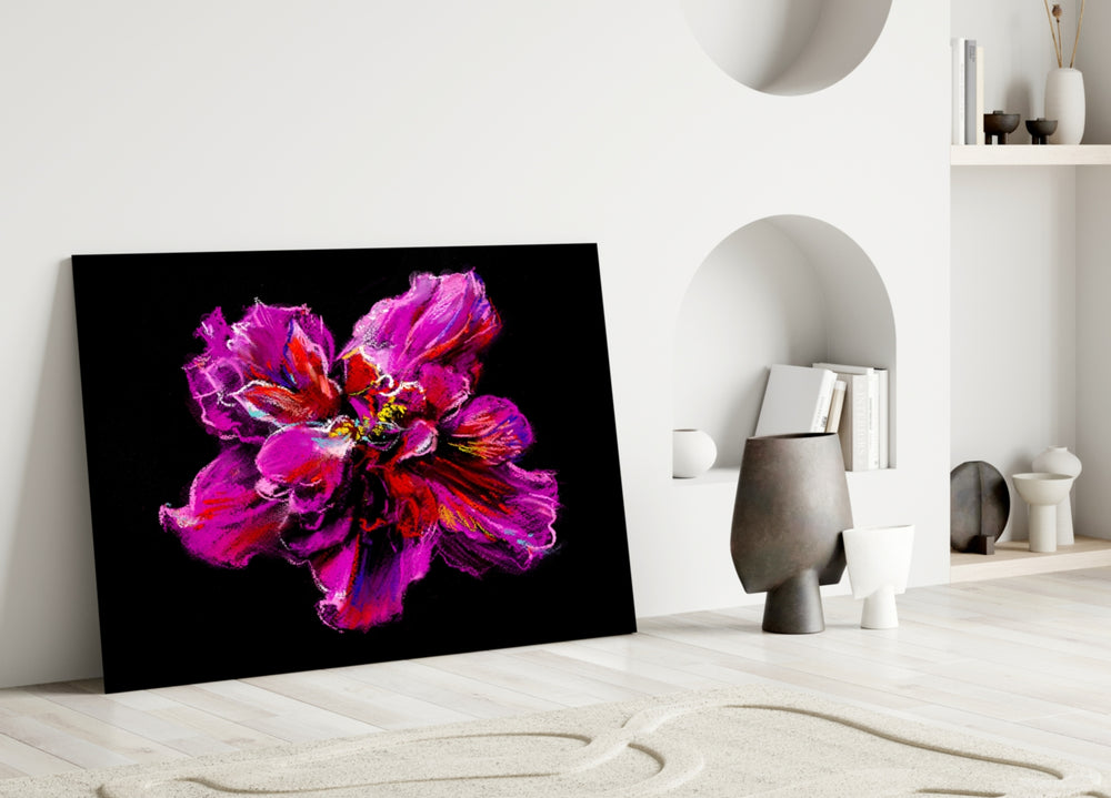 Magenta Bloom glass wall art styled above a vanity in a powder room