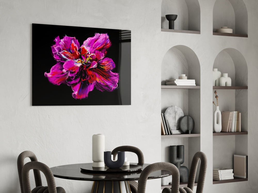 Magenta Bloom glass print enhancing a foyer with cinematic drama
