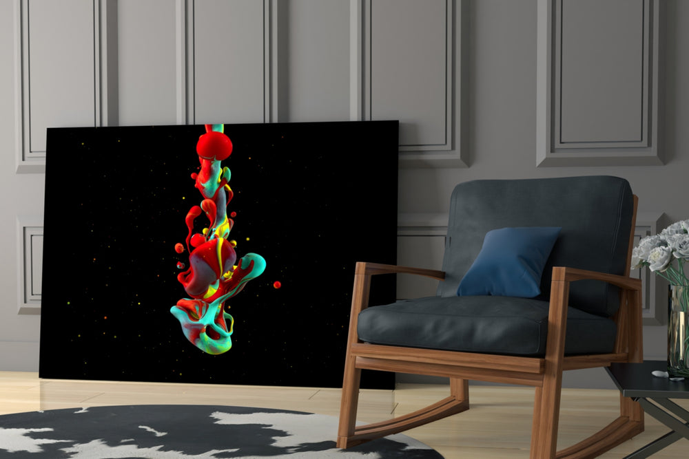 Liquid Stack artwork anchoring a wall with bold futurist palette
