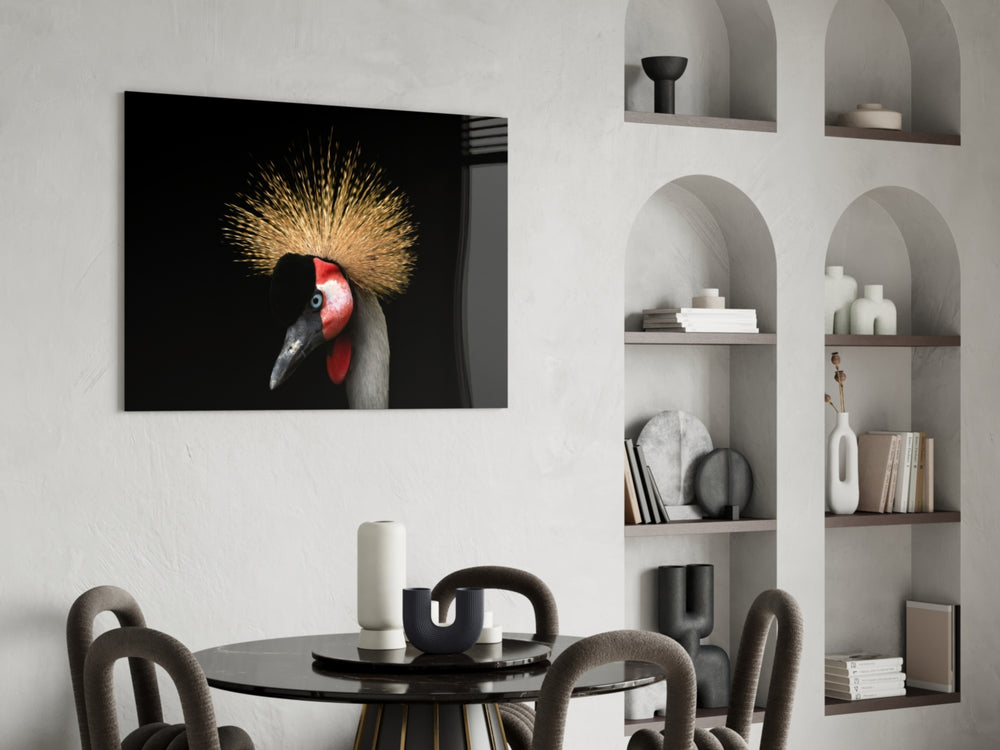 Crowned Crane glass print enhancing a man's office with editorial drama