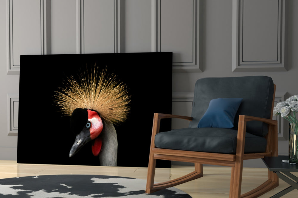 Crowned Crane artwork anchoring a wall with moody naturalist palette
