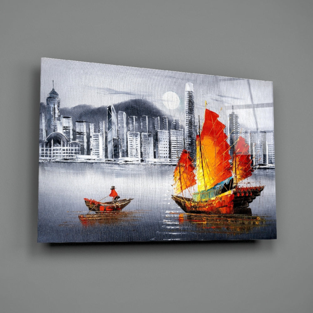Close-up detail of crimson-amber sails against monochrome skyline