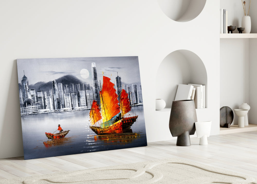 Hong Kong Junk glass wall art styled above a desk in a man's office