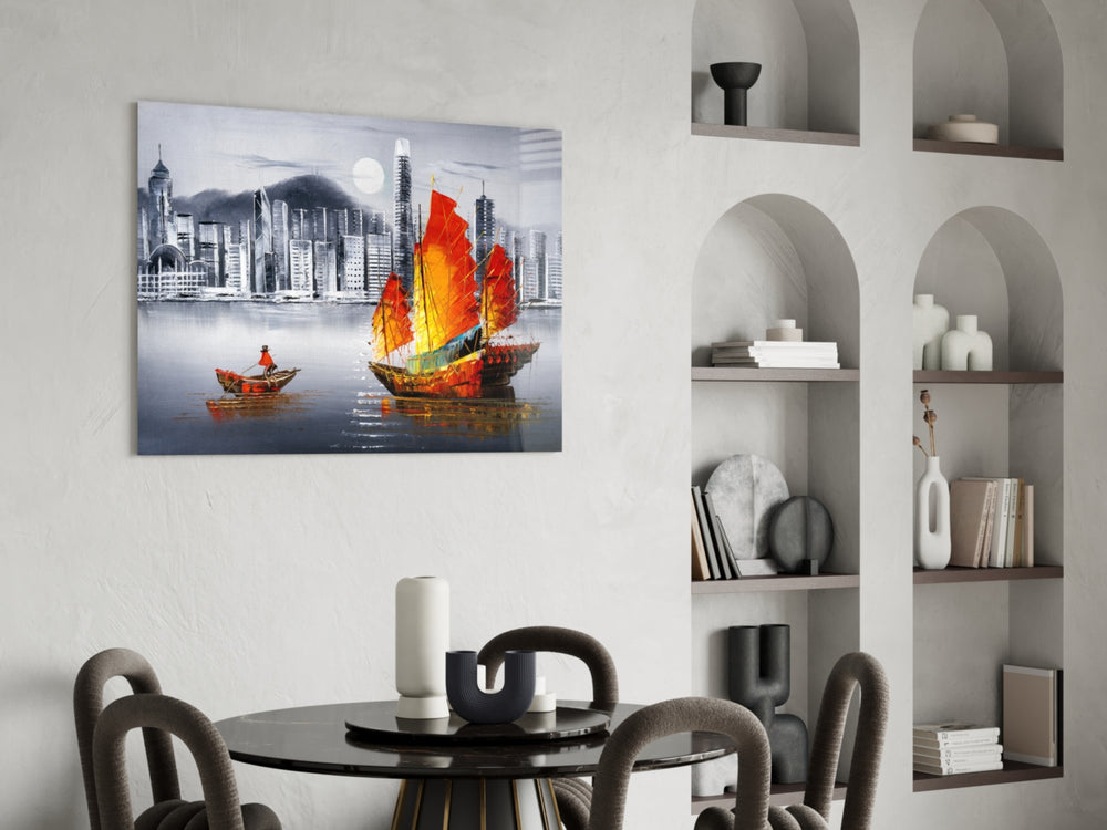 Hong Kong Junk glass print enhancing a foyer with cinematic drama