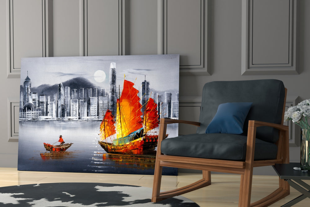 Hong Kong Junk artwork anchoring a wall with bold urbanist palette