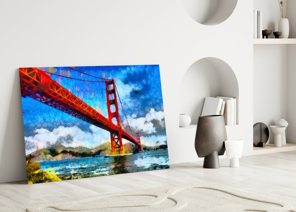 Golden Gate glass wall art styled above a sofa in a living room