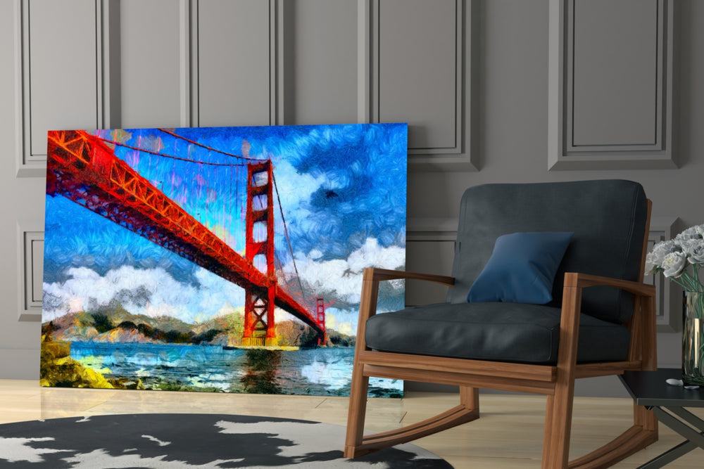 Golden Gate artwork anchoring a wall with bold wanderlust palette
