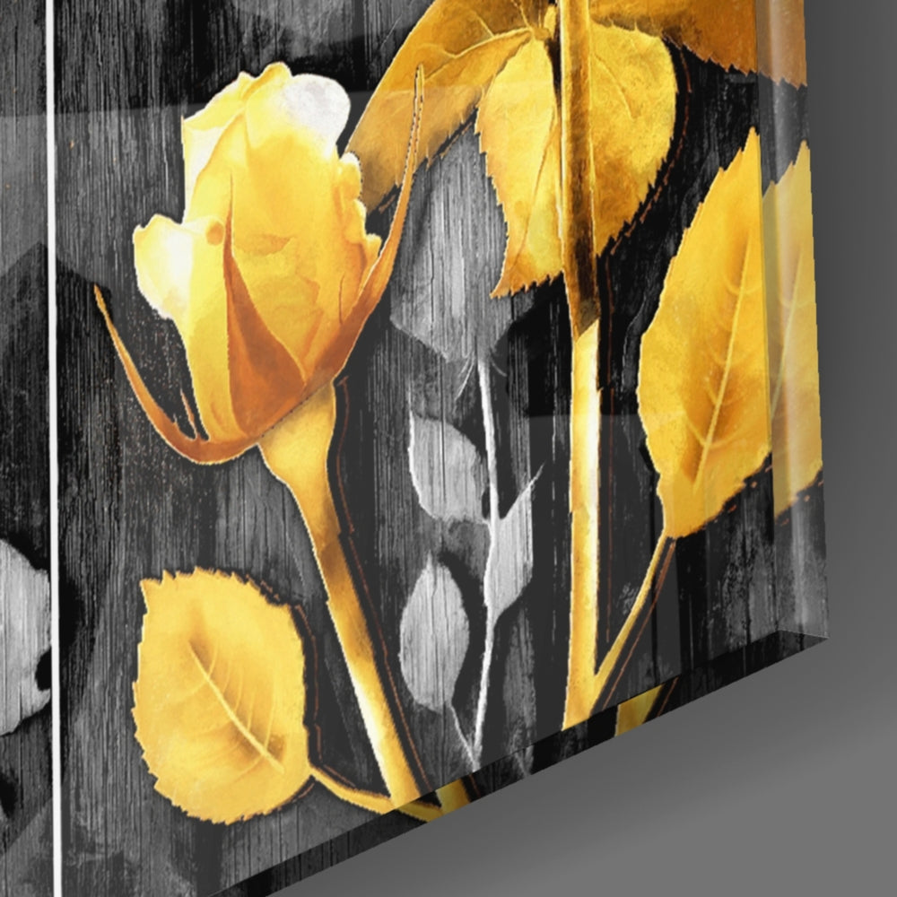 Yellow Roses panel catching gallery light to reveal its tactile carve