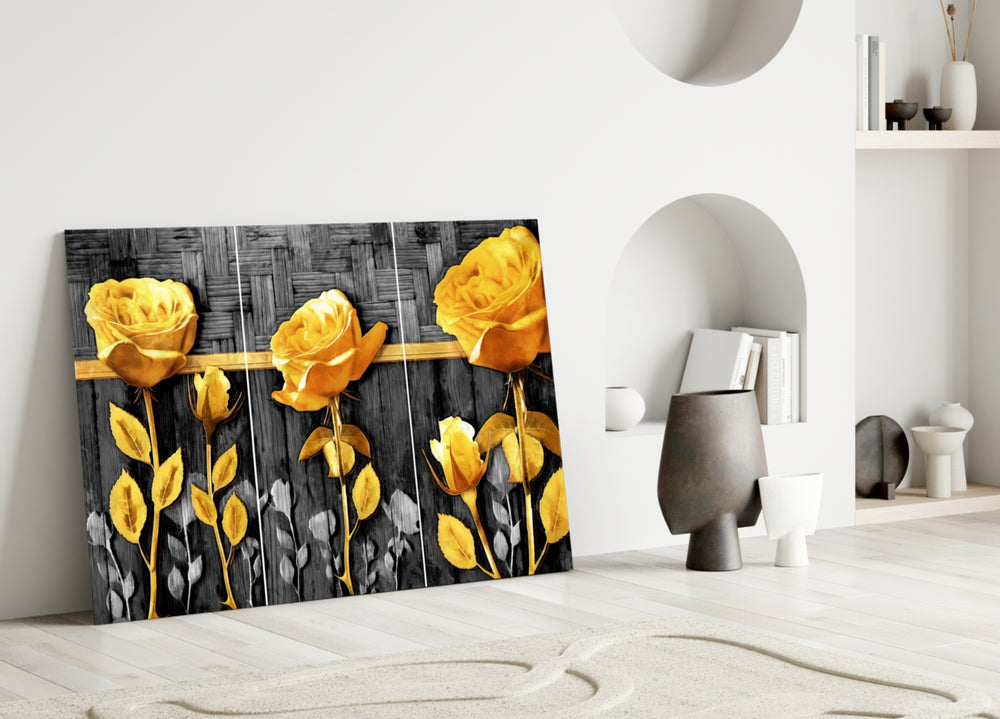 Yellow Roses glass wall art styled above a bed in a master bedroom