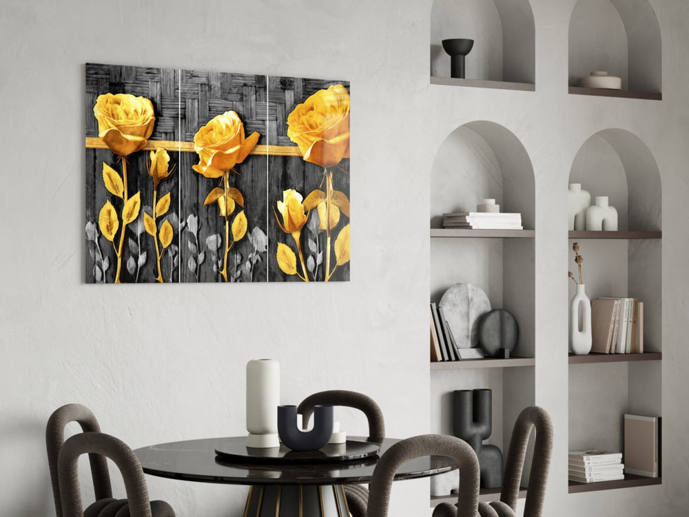 Yellow Roses glass print enhancing a foyer with cinematic drama