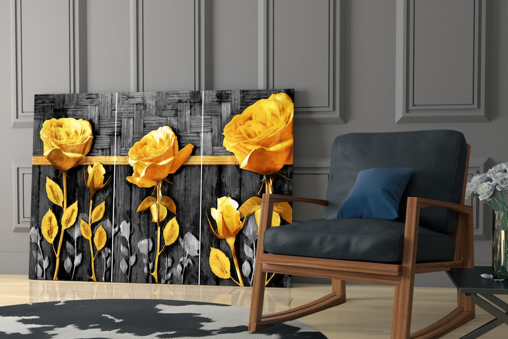 Yellow Roses artwork anchoring a wall with moody luxe palette