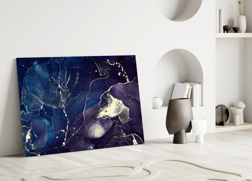 Indigo Marble glass wall art styled above a bed in a master bedroom