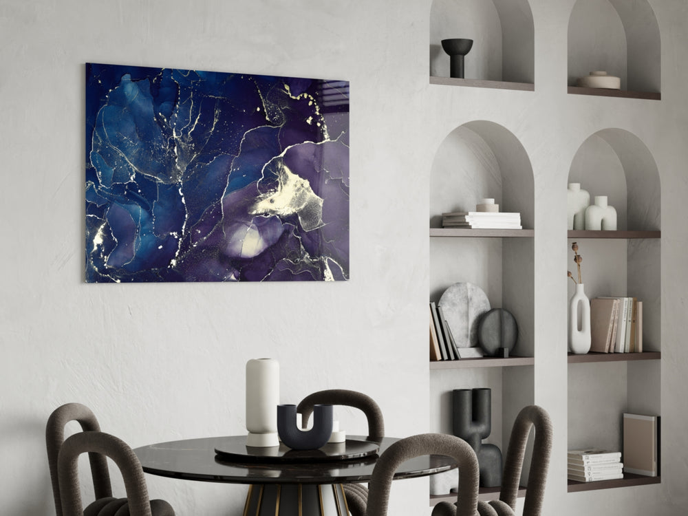 Indigo Marble glass print enhancing a foyer with editorial drama