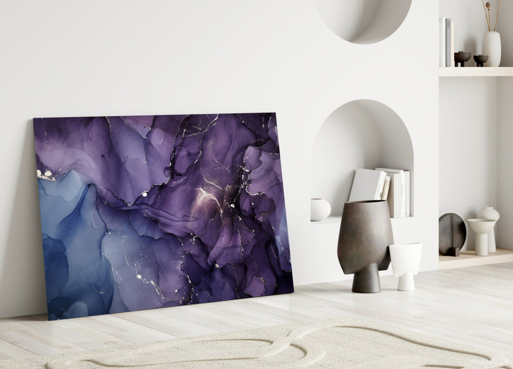 Amethyst Veil glass wall art styled above an upholstered headboard in a master bedroom