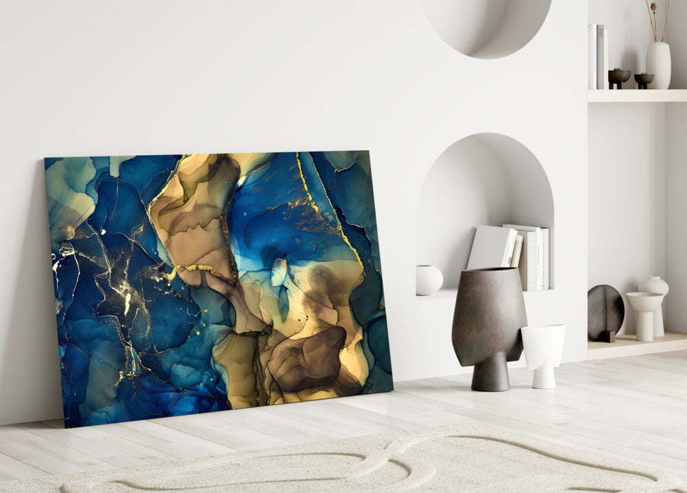Cobalt Gold Tide glass wall art styled above a sideboard in a foyer