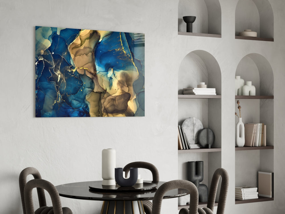 Cobalt Gold Tide glass print enhancing a hallway with luxury drama