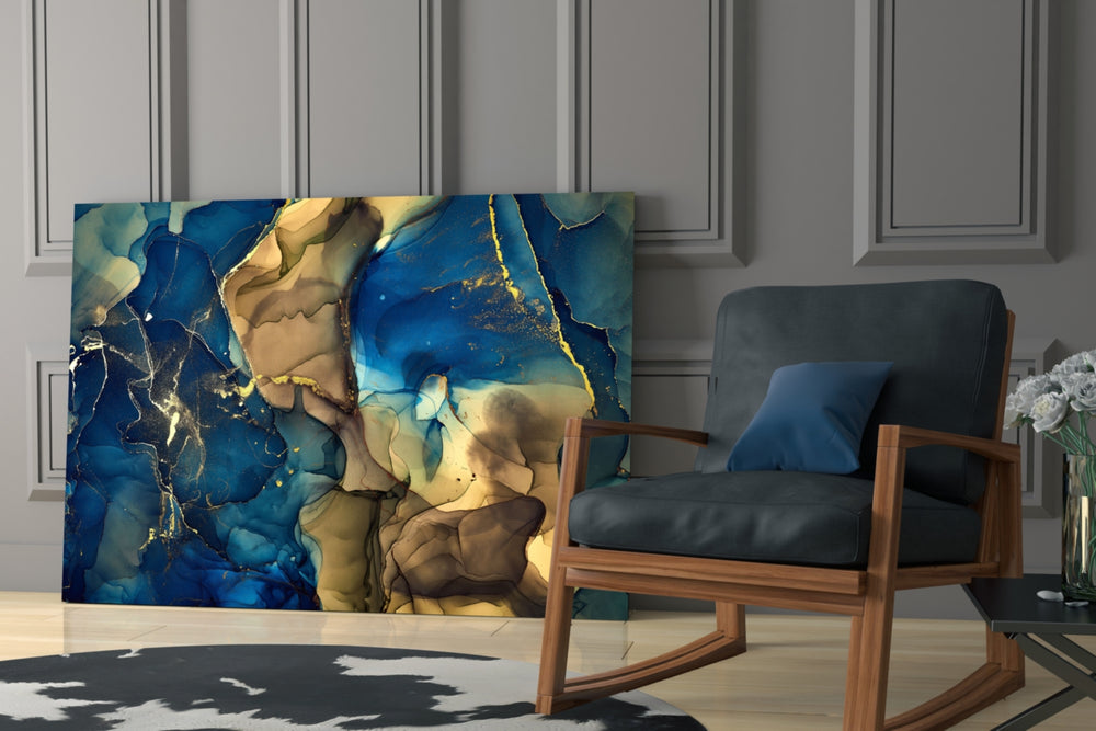 Cobalt Gold Tide artwork anchoring a wall with jewel-toned palette