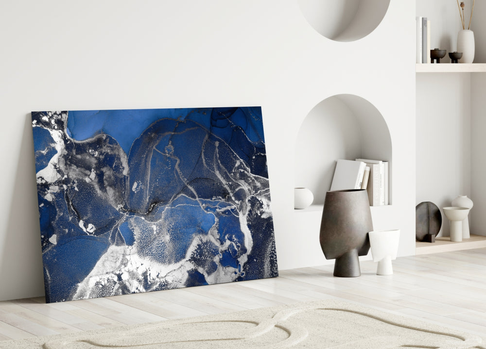 Cobalt Spill glass wall art styled above a desk in a home office