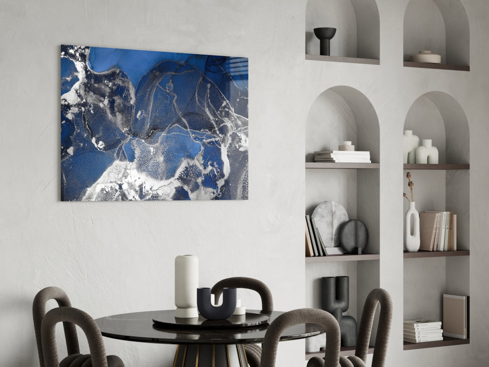 Cobalt Spill glass print enhancing a hallway with cinematic drama