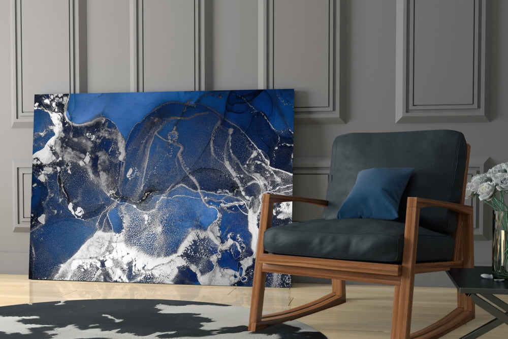 Cobalt Spill artwork anchoring a wall with oceanic dynamic palette