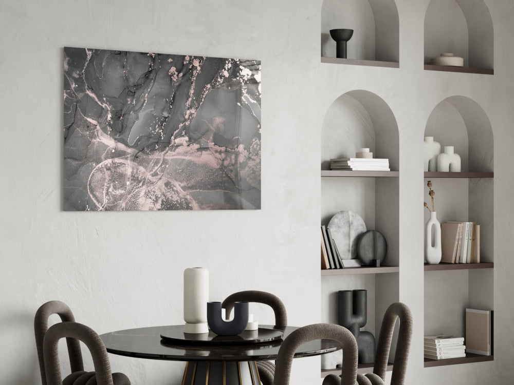 Smoke and Blush glass print enhancing a dressing area with cinematic drama