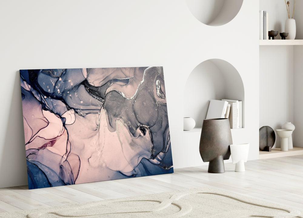 Indigo Blush glass wall art styled above a sofa in a living room