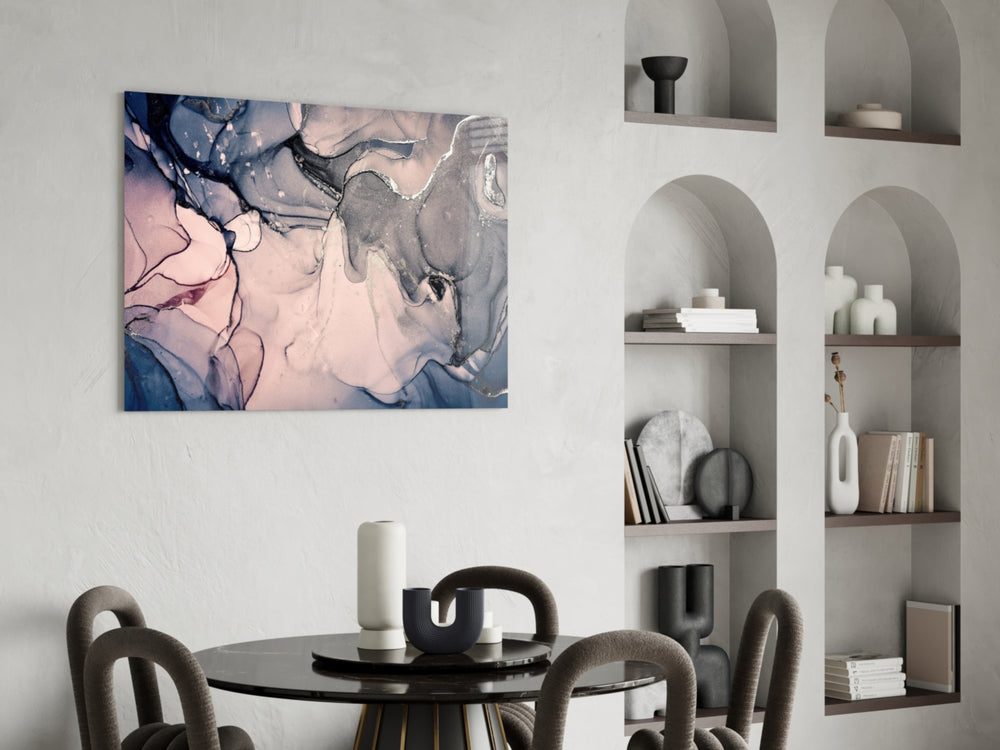 Indigo Blush glass print enhancing a powder room with editorial drama