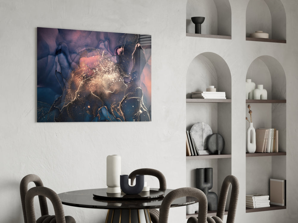 Nebula Bloom glass print enhancing a creative office with editorial drama