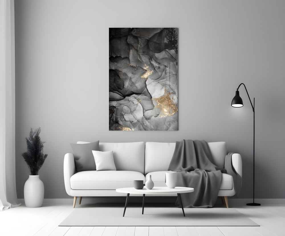 Charcoal Lightning glass wall art styled above a sofa in a living room