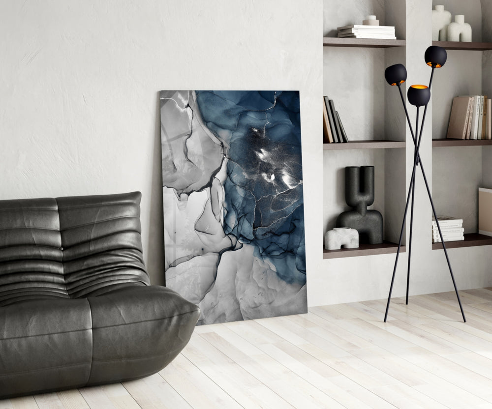 Navy Marble glass print enhancing a hallway with cinematic drama