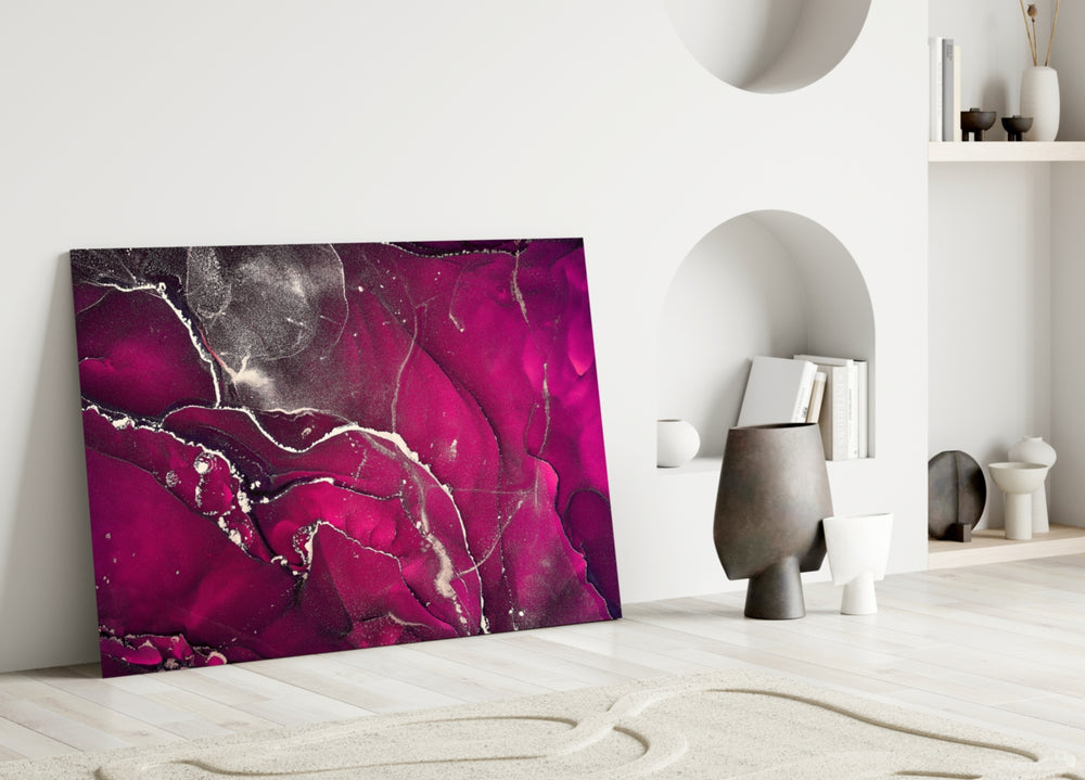 Fuchsia Smoke glass wall art styled above a bed in a master bedroom