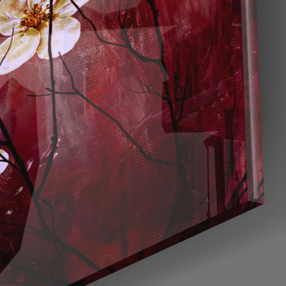 Crimson Daisies panel catching window light to reveal its painterly ridge