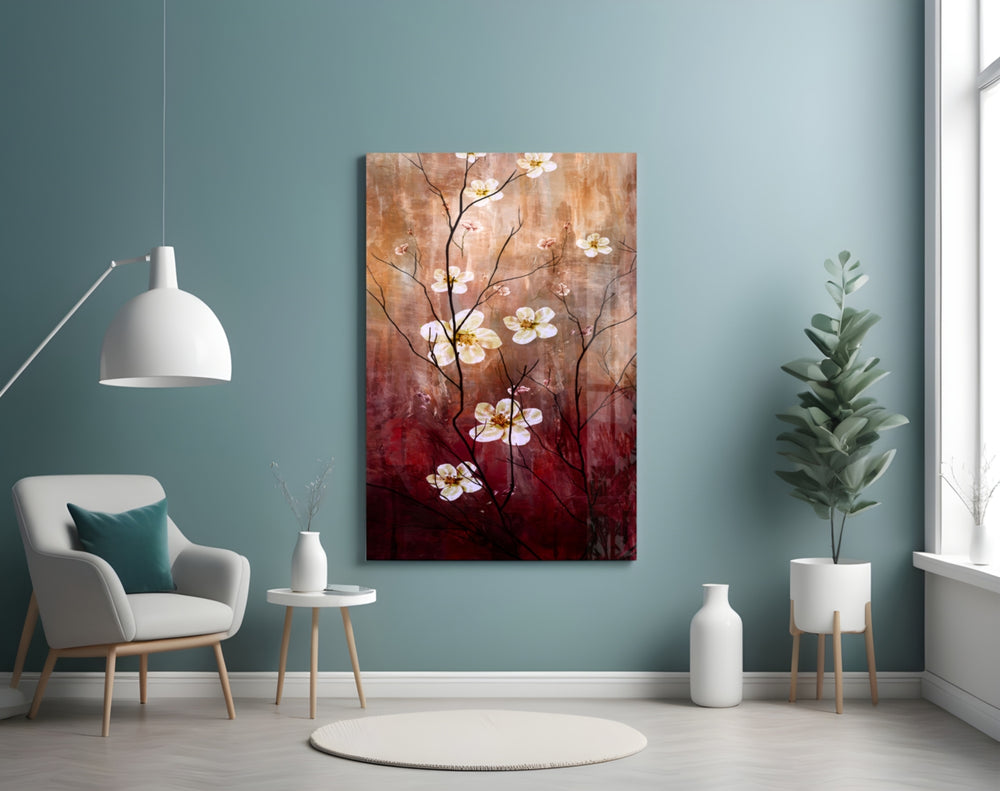 Crimson Daisies panel adding editorial mood to a dining room