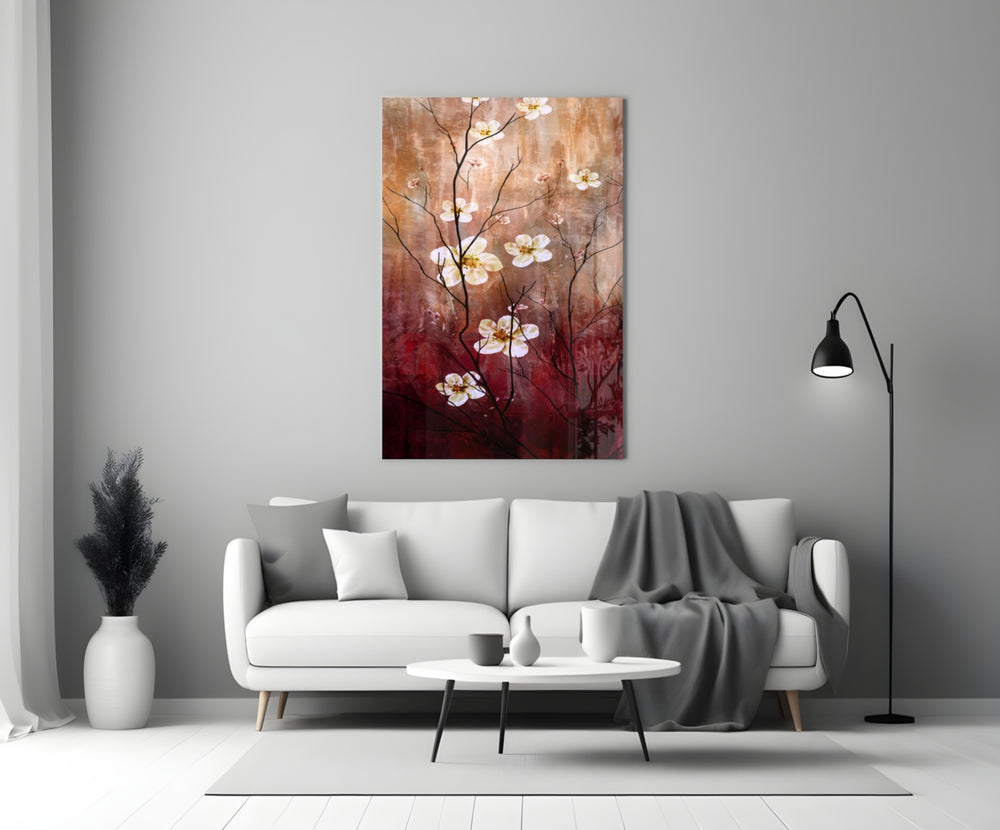 Crimson Daisies glass wall art styled above a sideboard in a hallway