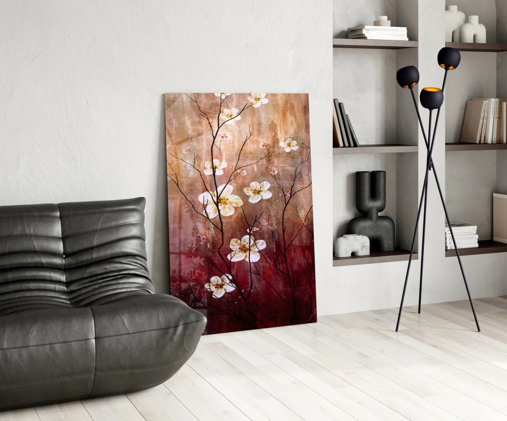 Crimson Daisies glass print enhancing a master bedroom with romantic drama