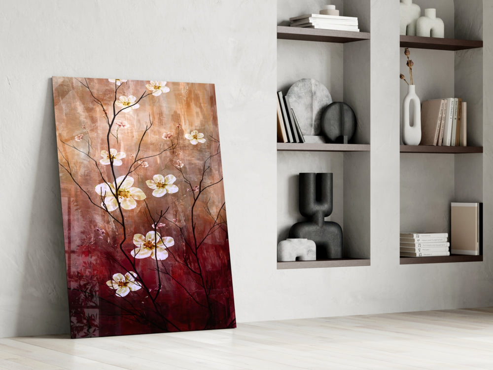 Crimson Daisies artwork anchoring a wall with warm classical palette