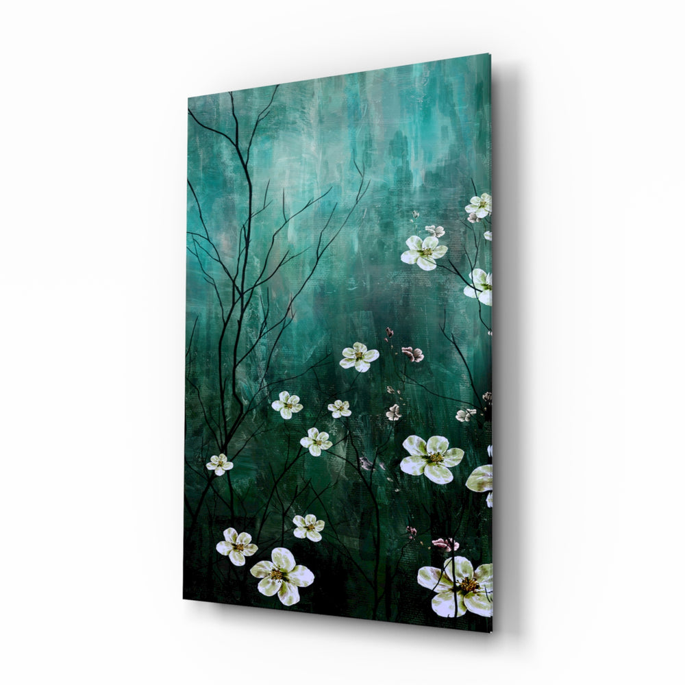 Tranquil-floral panel bringing biophilic drama to a contemporary spa bathroom