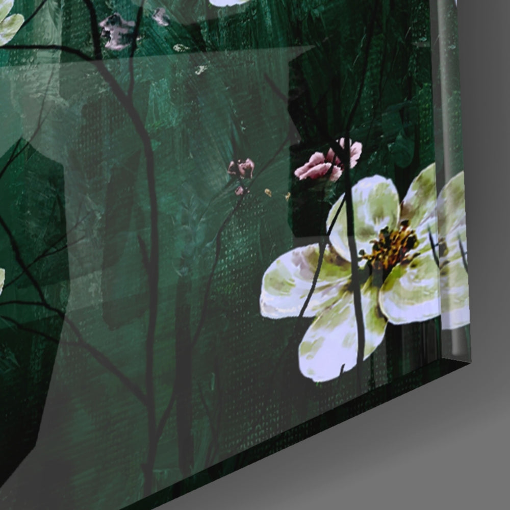 Emerald Daisies panel catching window light to reveal its tactile haze