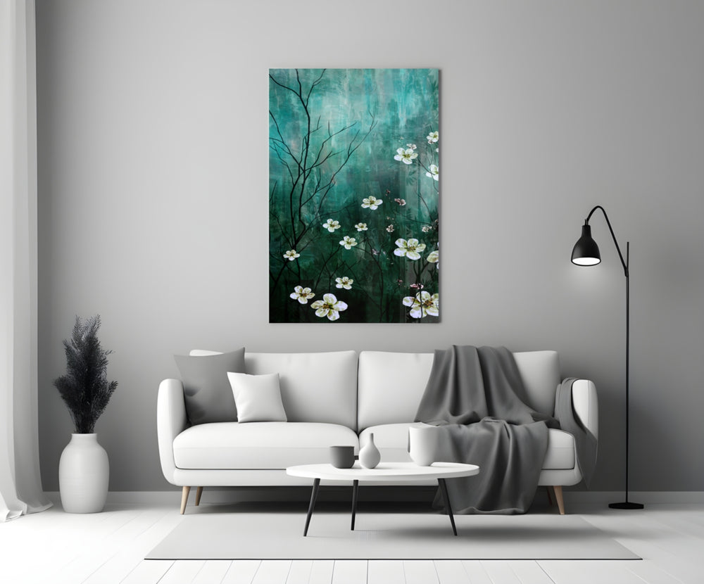 Emerald Daisies glass wall art styled above a bath in a bathroom